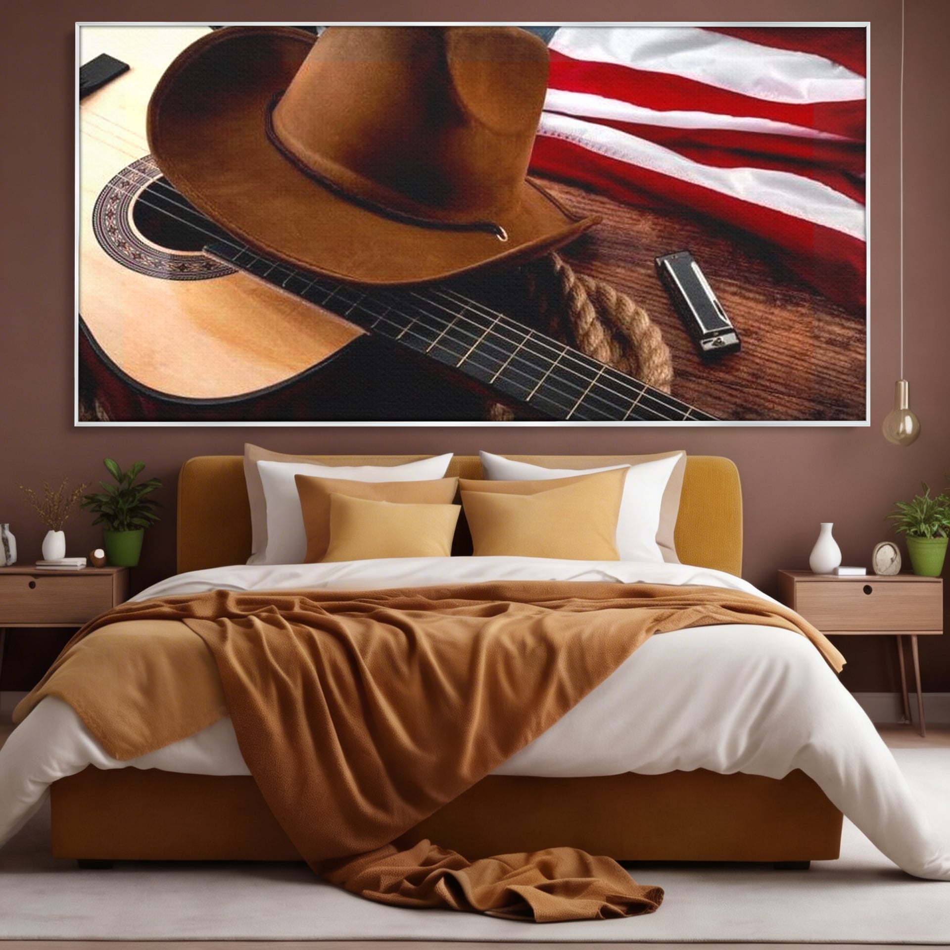 Tablou canvas cu tablou canvas cu palarie, chitara si drapel american, in rama de aluminiu argintiu, pe perete intr-un dormitor